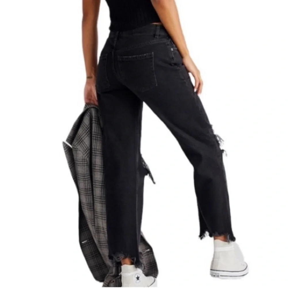 Free People Maggie Mid Rise Straight Leg Black Distressed Jeans